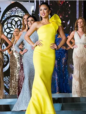Jovani yellow one-shoulder pageant dress 32602